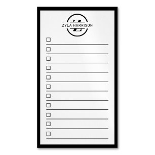 Modern Black White Monogram Name To Do List Magnetic Business Card
