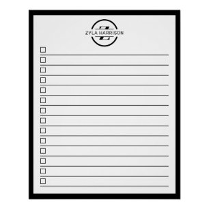 Modern Black White Monogram Name To Do List Poster