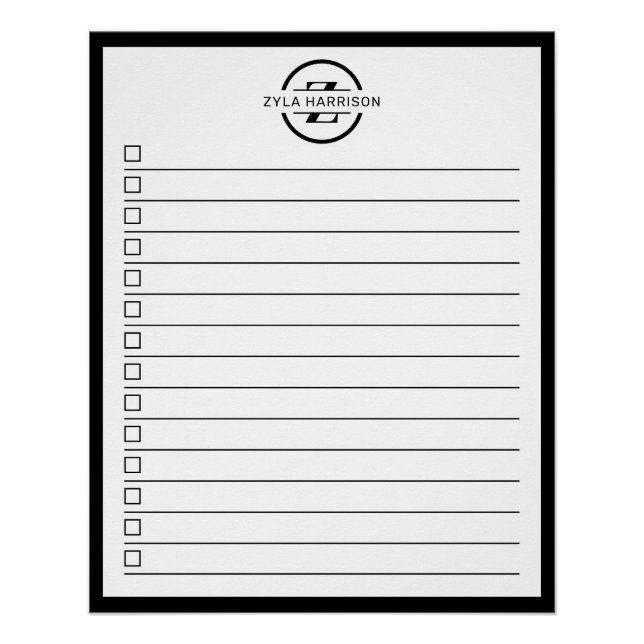 Modern Black White Monogram Name To Do List Poster (Front)