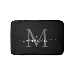 Modern Black White Monogram Script Elegant Girly Bath Mat