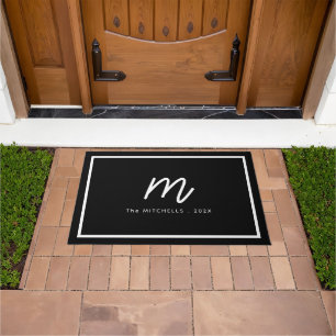 Modern Black White Monogram Script Family Name Doormat