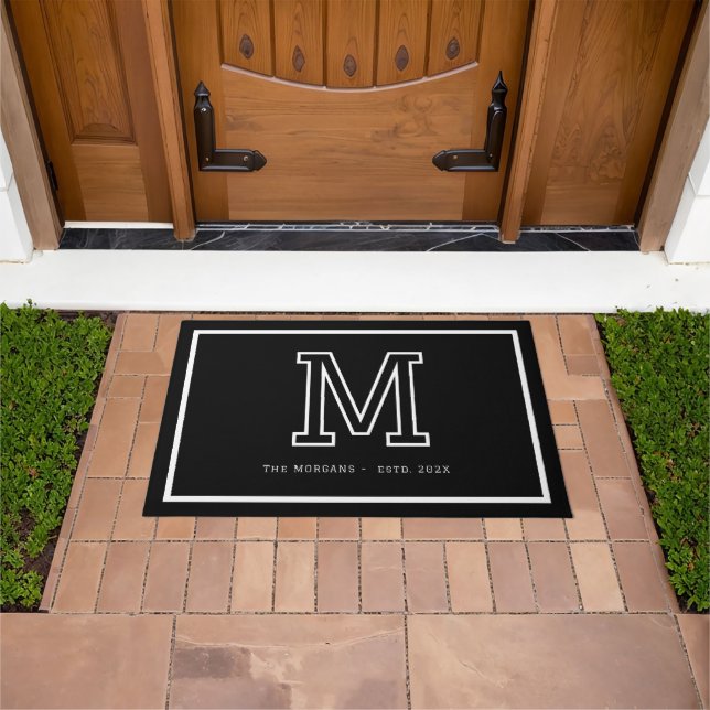 Modern Black White Monogram Script Family Name Doormat (Outdoor)