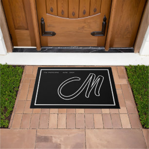 Modern Black White Monogram Script Family Name Doormat