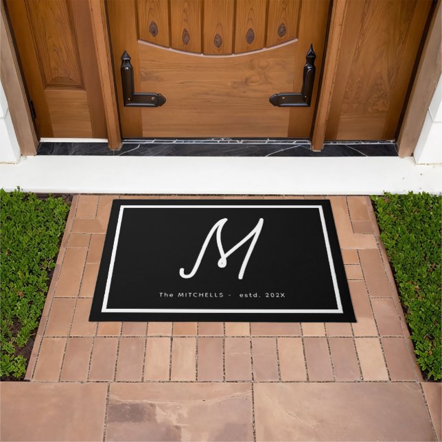 Modern Black White Monogram Script Family Name Doormat (Outdoor)