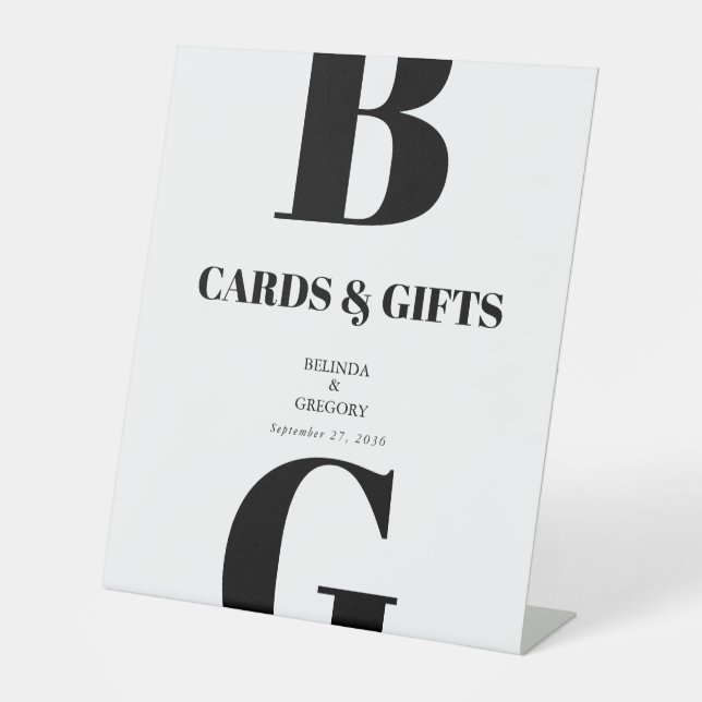 Modern Black White Monogram Wedding Cards & Gifts Pedestal Sign (Front)