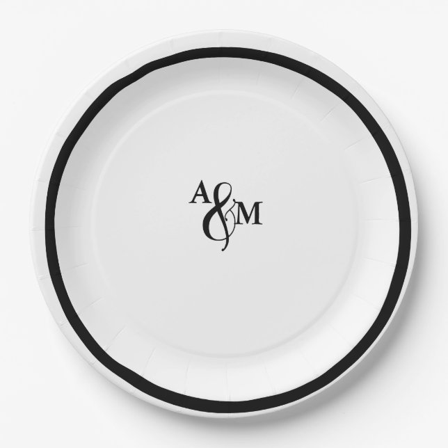 Modern Black & White Monogram Wedding Paper Plate (Front)