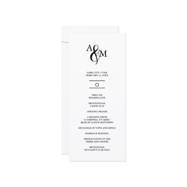 Modern Black & White Monogram Wedding Program (Front/Back In Situ)