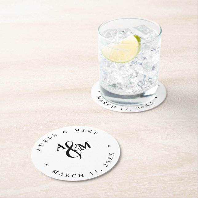 Modern Black & White Monogram Wedding Round Paper Coaster (Insitu)
