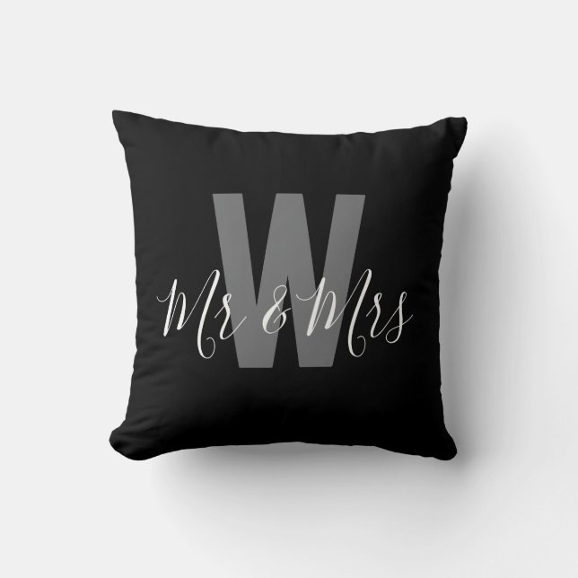 Modern Black White Mr Mrs Monogram Cushion (Front)