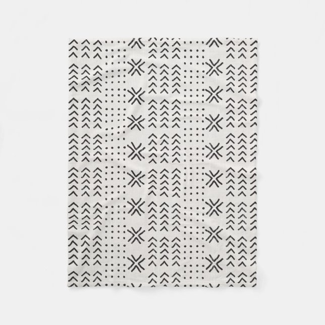 Modern Black White Mudcloth African Pattern Fleece Blanket (Front)