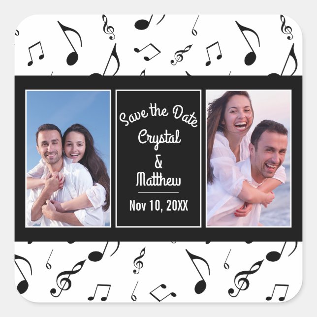 Modern Black White Music Notes Photo Save the Date Square Sticker (Front)