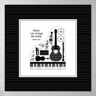 Modern Black & White Musical Instruments Pattern Poster