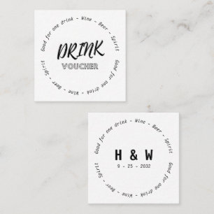 Modern Black White Name Date Wedding Drink Voucher Square Business Card