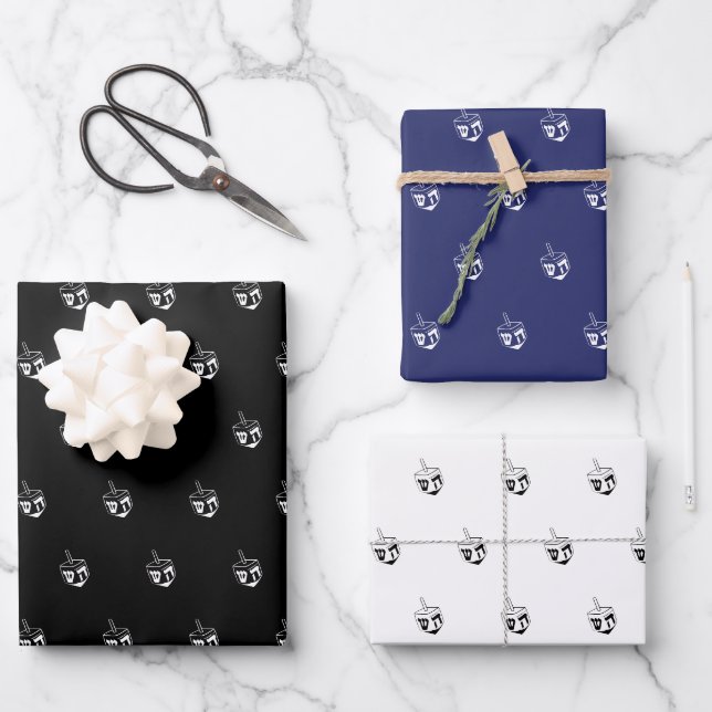 Modern black white navy dreidel pattern Hanukkah Wrapping Paper Sheet (Front)