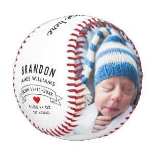 Modern Black & White New Baby Announcement Photo Baseball