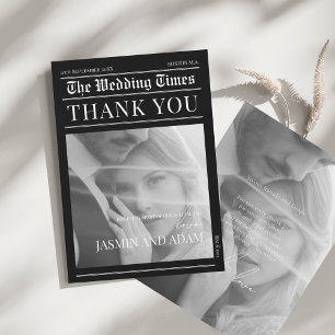 Modern Black White Newspaper Wedding Thank You Card