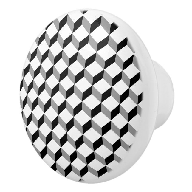 Modern Black White Optical Illusion Cube Blocks Ceramic Knob (Right)