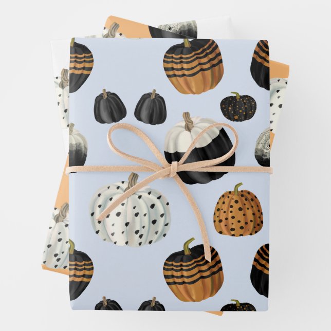 Modern Black White Orange Pumpkin Pattern Wrapping Paper Sheet (In situ)