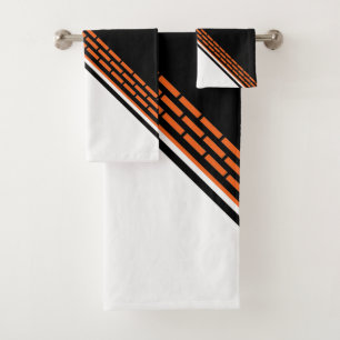 Modern Black White Orange Striped Pattern Bath Towel Set