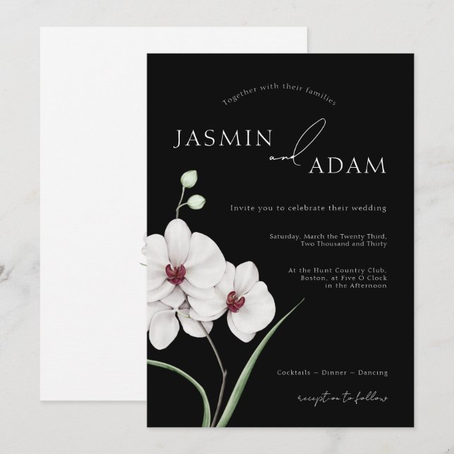 Modern Black White Orchid Initials Wedding Invitation (Front/Back)