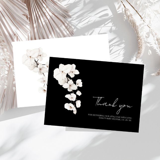 Modern Black White Orchids Floral Baby Shower Thank You Card (Modern Black and White Orchids Flowers Baby Shower Thank You Card)