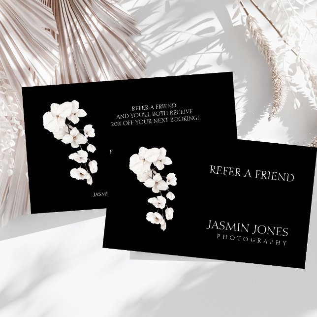 Modern Black White Orchids Floral Business Referral Card (Modern Black and White QR Code Orchids Flowers Business Referral Card)