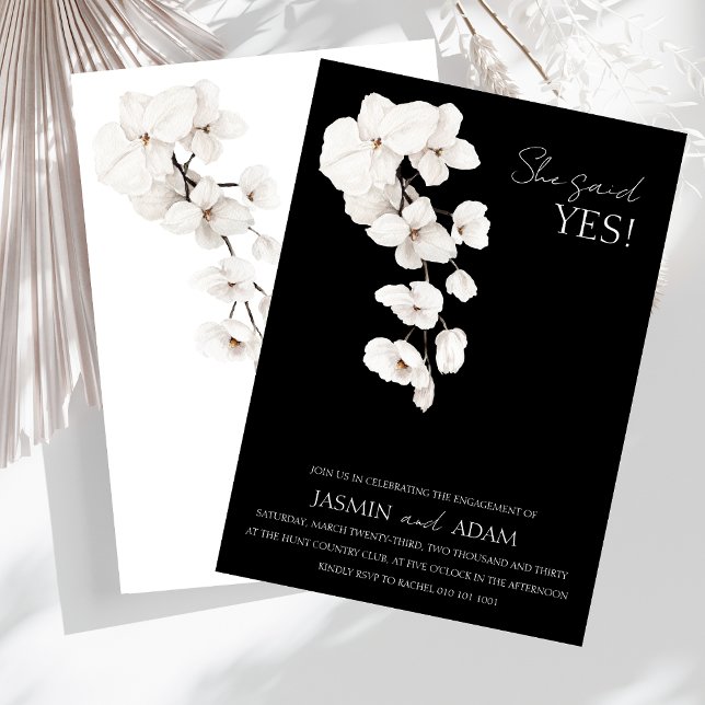 Modern Black White Orchids She Said Yes Engagement Invitation (Modern Black and White Orchids Flowers 'She Said Yes!' Engagement Party Invite)