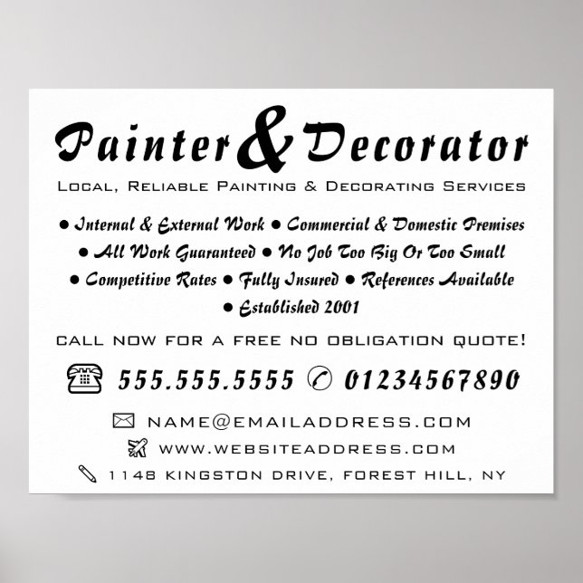 Modern Black & White Painter & Decorator Poster (Front)