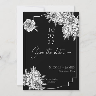 Modern black white peonies photo save the date invitation