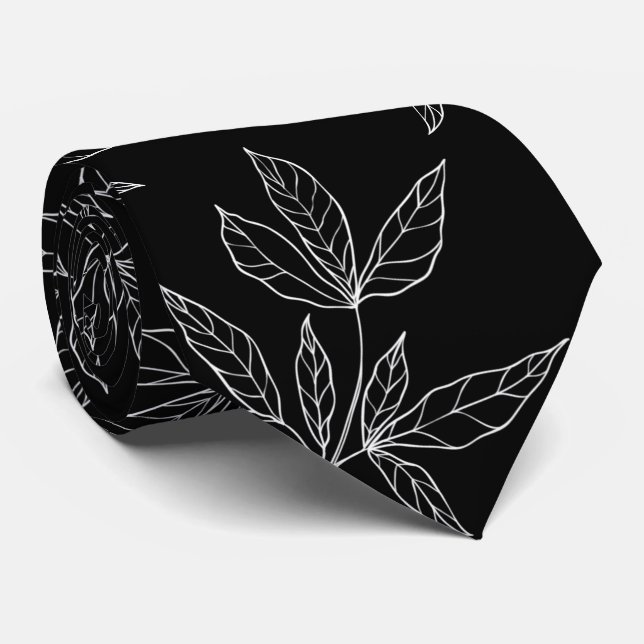 Modern Black & White Peony Leaf Wedding Tie (Rolled)
