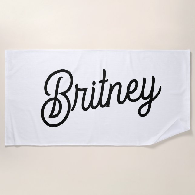 Modern Black White Personalised Monogram and Name  Beach Towel (Front)