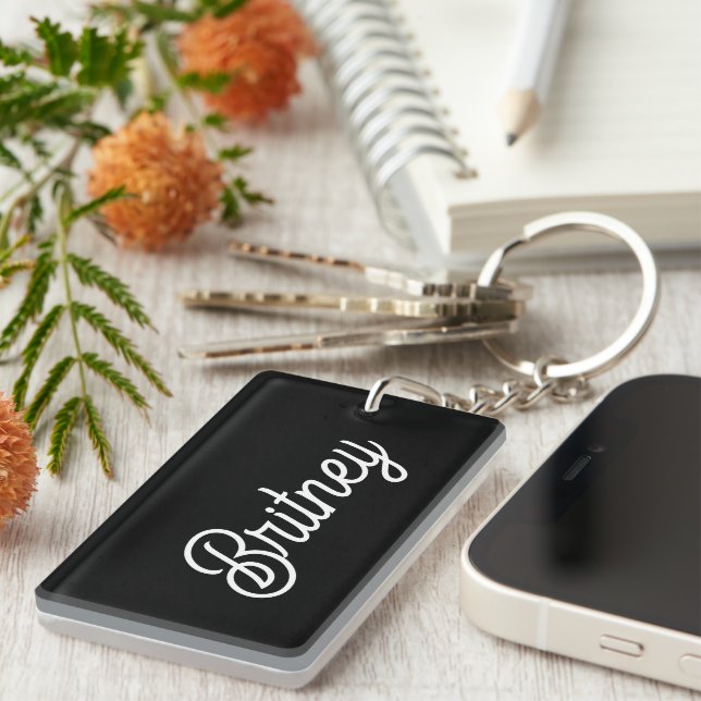 Modern Black White Personalised Monogram and Name  Key Ring (Front Right)