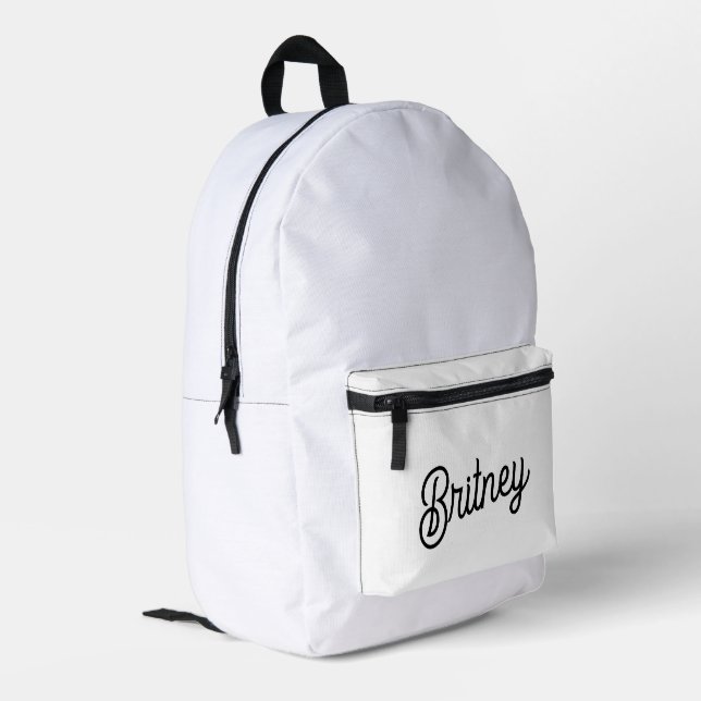 Modern Black White Personalised Monogram and Name  Printed Backpack (Back Corner Left)