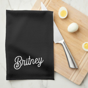 Modern Black White Personalised Monogram and Name  Tea Towel