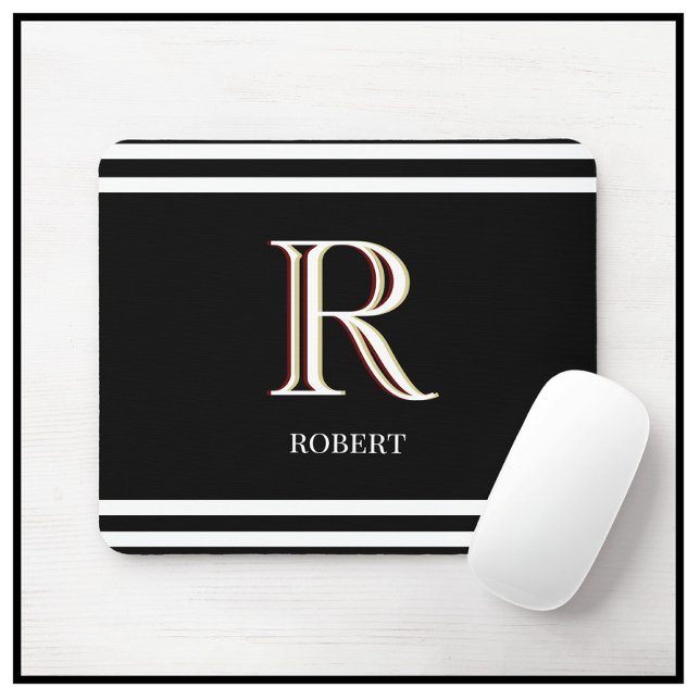 Modern Black White Personalised Monogram Name  Mouse Pad (Creator Uploaded)