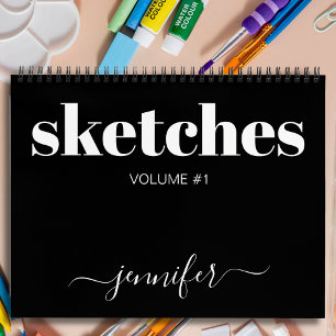Modern Black White Personalised Sketchbook Name Notebook