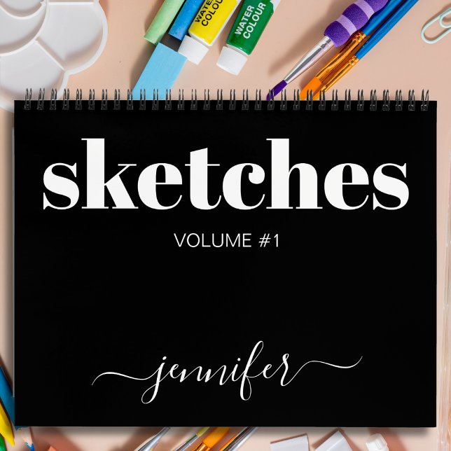 Modern Black White Personalised Sketchbook Name Notebook (Creator Uploaded)