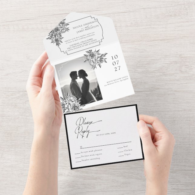 Modern black & white photo calligraphy script all in one invitation (Tearaway)