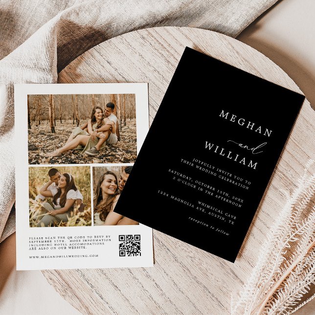 Modern Black & White Photo Collage QR Code Wedding Invitation (Creator Uploaded)