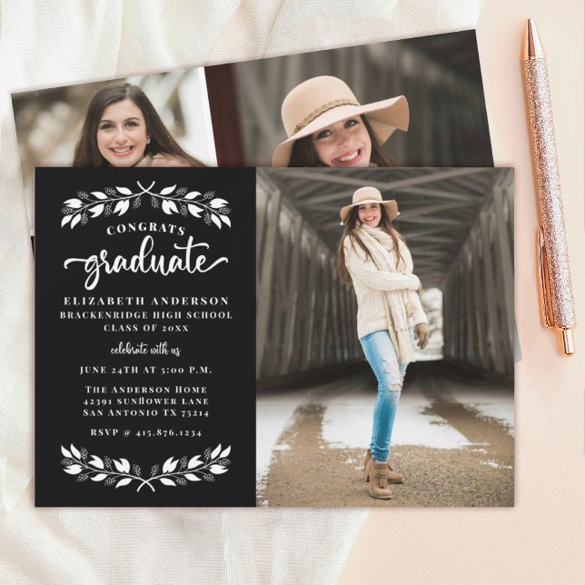 Modern Black White Photo Graduation Party Announcement (An elegant black and white photo graduation party announcement.)