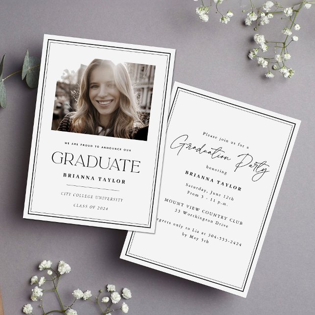 Modern Black White Photo Graduation Party Invitation (Creator Uploaded)