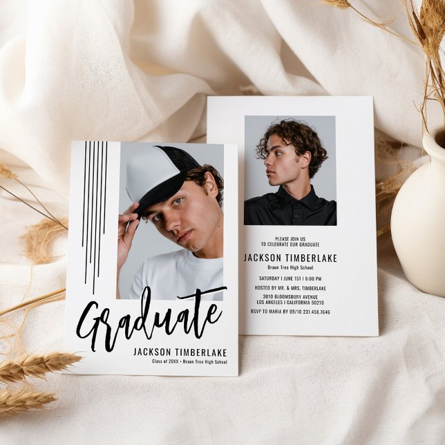 Modern Black White Photo Graduation Party Invitation (Creator Uploaded)