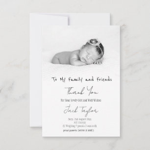 Modern Black White Photo Handwriting Baby Birth   Thank You Card