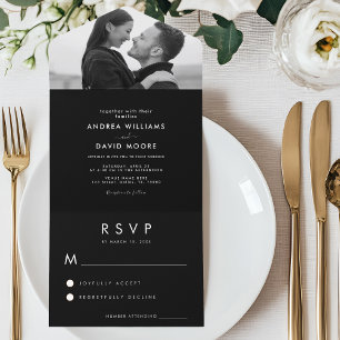 Modern Black & White Photo Simple RSVP Wedding All In One Invitation