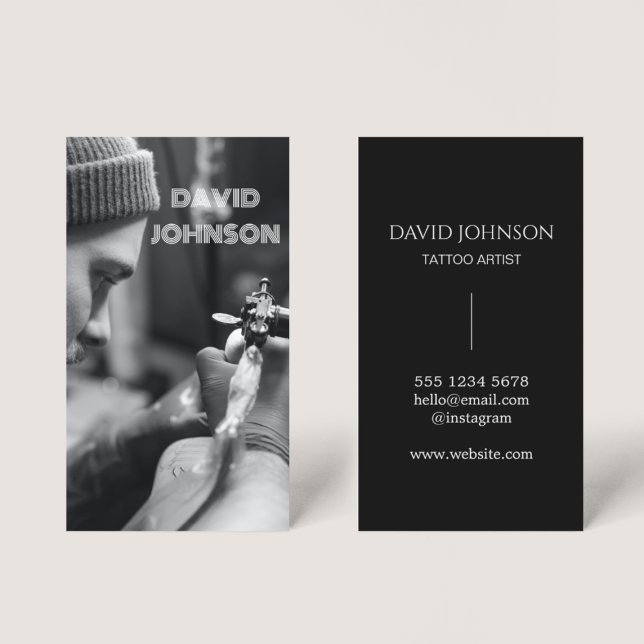 Modern Black & White Photo Tattoo Artist  Business Card (Creator Uploaded)
