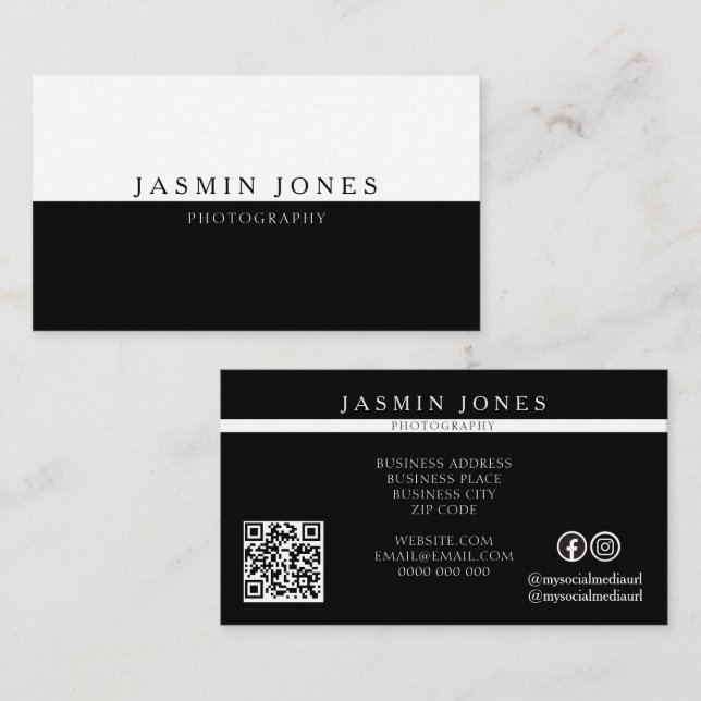 Modern Black White Photography QR Code Business Card (Front/Back)