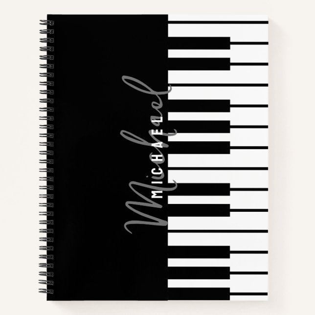 Modern Black & White Piano Keyboard Monogram Name Notebook (Front)