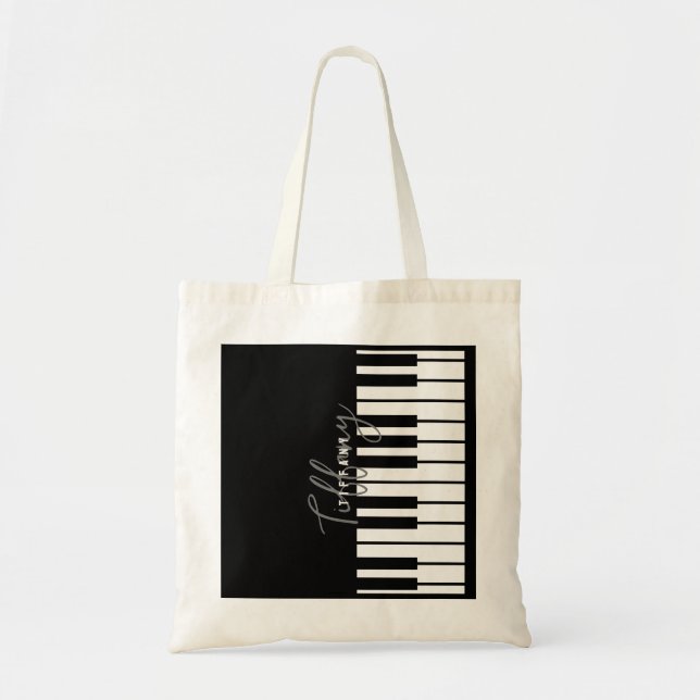 Modern Black & White Piano Keyboard Monogram Name Tote Bag (Front)