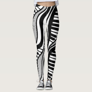 Modern Black White Piano Wavy Leggings