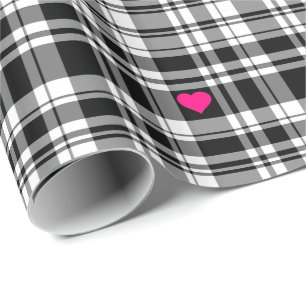 Modern black white plaid pattern, pink hearts  wrapping paper